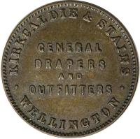 New Zealand coin 1/2 Penny - Kirkcaldie & Stains, Wellington (1874) reverse reverse of 1/2 Penny - Kirkcaldie & Stains, Wellington (1874) coin with KM# Tn36 from New Zealand. Inscription: KIRKCALDIE & STAINS GENERAL DRAPERS AND OUTFITTERS WELLINGTON