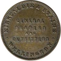 reverse of 1/2 Penny - Kirkcaldie & Stains, Wellington (1874) coin with KM# Tn36 from New Zealand. Inscription: KIRKCALDIE & STAINS GENERAL DRAPERS AND OUTFITTERS WELLINGTON