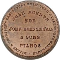 reverse of 1 Penny - Milner & Thompson, Christchurch coin with KM# Tn54 from New Zealand. Inscription: MILNER & THOMSON'S CANTERBURY MUSIC DEPOT & PIANOFORTE WAREHOUSE SOLE AGENTS FOR JOHN BRINSMEAD & SONS PIANOS