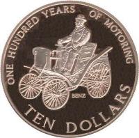 New Zealand coin 10 Dollars - Elizabeth II - Century of Motoring (1998) reverse reverse of 10 Dollars - Elizabeth II - Century of Motoring (1998) coin with KM# 114 from New Zealand. Inscription: ONE HUNDRED YEARS OF MOTORING BENZ TEN DOLLARS