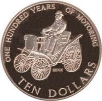 reverse of 10 Dollars - Elizabeth II - Century of Motoring (1998) coin with KM# 114 from New Zealand. Inscription: ONE HUNDRED YEARS OF MOTORING BENZ TEN DOLLARS