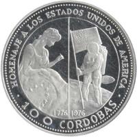 reverse of 100 Cordobas - United States of America (1975) coin with KM# 35 from Nicaragua. Inscription: HOMENAJE A LOS ESTADOS UNIDOS DE AMERICA 1776 1976 100 CORDOBAS