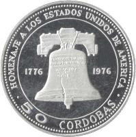 reverse of 50 Cordobas - Liberty Bell (1975) coin with KM# 33 from Nicaragua. Inscription: HOMENAJE A LOS ESTADOS UNIDOS DE AMERICA 1776 1976 50 CORDOBAS