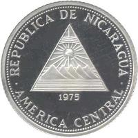 Nicaragua coin 20 Cordobas - Peace and Progress (1975) obverse obverse of 20 Cordobas - Peace and Progress (1975) coin with KM# 32 from Nicaragua. Inscription: REPUBLICA DE NICARAGUA 1975 AMERICA CENTRAL