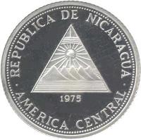obverse of 20 Cordobas - Peace and Progress (1975) coin with KM# 32 from Nicaragua. Inscription: REPUBLICA DE NICARAGUA 1975 AMERICA CENTRAL