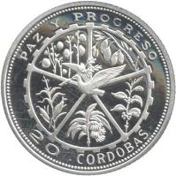 reverse of 20 Cordobas - Peace and Progress (1975) coin with KM# 32 from Nicaragua. Inscription: PAZ Y PROGRESO 20 CORDOBAS