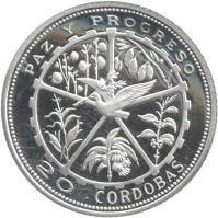 Nicaragua coin 20 Cordobas - Peace and Progress (1975) reverse reverse of 20 Cordobas - Peace and Progress (1975) coin with KM# 32 from Nicaragua. Inscription: PAZ Y PROGRESO 20 CORDOBAS