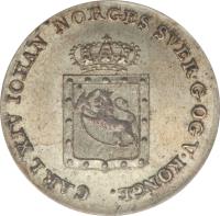 obverse of 2 Skilling - Carl XIV (1825) coin with KM# 297 from Norway. Inscription: CARL XIV IOHAN NORGES SVER.G.OG V.KONGE.