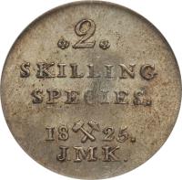 reverse of 2 Skilling - Carl XIV (1825) coin with KM# 297 from Norway. Inscription: *2* SKILLING SPECIES. 18X25.