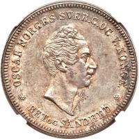 obverse of 1 Specie Daler - Oscar I (1846 - 1857) coin with KM# 317 from Norway. Inscription: OSCAR NORGES SVER.G.OG V.KONGE. * RET OG SANDHED *