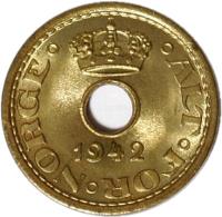 Norway coin 10 Øre - Haakon VII - WW2 Exile Coinage (1942) obverse obverse of 10 Øre - Haakon VII - WW2 Exile Coinage (1942) coin with KM# 391 from Norway. Inscription: 1942 · ALT · FOR · NORGE ·