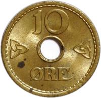 reverse of 10 Øre - Haakon VII - WW2 Exile Coinage (1942) coin with KM# 391 from Norway. Inscription: 10 ØRE