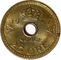 Norway coin 25 Øre - Haakon VII - WW2 Exile Coinage (1942) reverse reverse of 25 Øre - Haakon VII - WW2 Exile Coinage (1942) coin with KM# 392 from Norway. Inscription: 25 ØRE