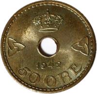 Norway coin 50 Øre - Haakon VII - WW2 Exile Coinage (1942) reverse reverse of 50 Øre - Haakon VII - WW2 Exile Coinage (1942) coin with KM# 393 from Norway. Inscription: 50 ØRE