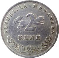Croatia coin 2 Kune - Croatian text (1993 - 2015) reverse reverse of 2 Kune - Croatian text (1993 - 2015) coin with KM# 10 from Croatia. Inscription: REPUBLIKA HRVATSKA 2 KUNE