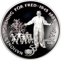 Norway coin 50 Kroner - Harald V - 50th Anniversary - United Nations (1995) reverse reverse of 50 Kroner - Harald V - 50th Anniversary - United Nations (1995) coin with KM# 454 from Norway. Inscription: NASJONER I FORENING FOR FRED · 1945 1995 IR TRYGVE LIE 50