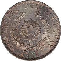 obverse of 1 Peso (1889) coin with KM# 5 from Paraguay. Inscription: REPUBLICA DEL PARAGUAY