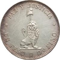 reverse of 1 Peso (1889) coin with KM# 5 from Paraguay. Inscription: PAZ Y JUSTICIA UN PESO 9 D os FINO