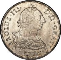 obverse of 8 Reales - Carlos III - Colonial Milled Coinage (1772 - 1784) coin with KM# 78 from Peru. Inscription: CAROLUS · III · DEI · GRATIA ·