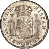 reverse of 8 Reales - Carlos III - Colonial Milled Coinage (1772 - 1784) coin with KM# 78 from Peru. Inscription: HISPAN · ET · IND · REX · LMAE · 8R · MJ
