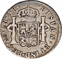 Peru coin 2 Reales - Fernando VII - 1'st Type (1808 - 1811) reverse reverse of 2 Reales - Fernando VII - 1'st Type (1808 - 1811) coin with KM# 104 from Peru. Inscription: HISPAN · ET IND · REX ·