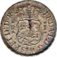 obverse of 1 Real - Fernando VI - Colonial Milled Coinage (1752 - 1760) coin with KM# 52 from Peru. Inscription: FRD VI D G HISP ET IND R R I