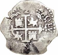 Peru coin 2 Reales - Carlos II (1684 - 1701) obverse obverse of 2 Reales - Carlos II (1684 - 1701) coin with KM# 21 from Peru. Inscription: CAROLVS II D · G · HISPANIARVM REX