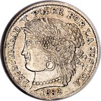 obverse of 1/2 Real (1882) coin with KM# 202 from Peru. Inscription: PROSPERIDAD Y PODER POR LA JUSTICIA 1882