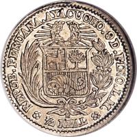 reverse of 1/2 Real (1882) coin with KM# 202 from Peru. Inscription: REPUB.PERUANA.AYACUCHO.9D-FINO.L.M. M 1/2 REAL