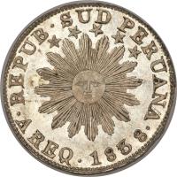 obverse of 2 Reales - South Peru (1837) coin with KM# 169 from Peru. Inscription: REPUB · SUD PERUANA · CUZCO 1837 ·