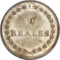 reverse of 2 Reales - South Peru (1837) coin with KM# 169 from Peru. Inscription: 2 REALES B.A.