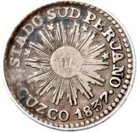 obverse of 1/2 Real - South Peru (1837) coin with KM# 166 from Peru. Inscription: ESTADO SUD PERUANO CUZCO 1837 ·