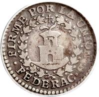 reverse of 1/2 Real - South Peru (1837) coin with KM# 166 from Peru. Inscription: FIRME POR LA UNION · B · FEDERAC ·