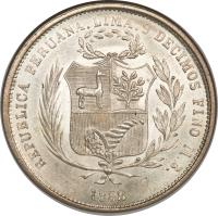 Peru coin 50 Centimos - Transitional Coinage (1858) obverse obverse of 50 Centimos - Transitional Coinage (1858) coin with KM# 178 from Peru.