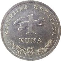 reverse of 1 Kuna - Croatian text (1993 - 2015) coin with KM# 9.1 from Croatia. Inscription: REPUBLIKA HRVATSKA 1 KUNA