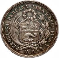 obverse of 25 Centimos - Transitional Coinage (1859) coin with KM# 182 from Peru.