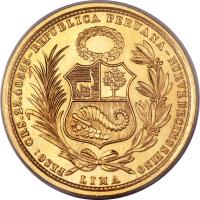 Peru coin 50 Soles Oro (1950 - 1970) obverse obverse of 50 Soles Oro (1950 - 1970) coin with KM# 230 from Peru.