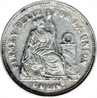 reverse of 1 Dinero - South Peru (1886) coin with KM# 190a from Peru.