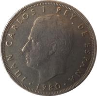 obverse of 25 Pesetas - Juan Carlos I - 1982 FIFA World Cup (1980) coin with KM# 818 from Spain. Inscription: JUAN CARLOS I REY DE ESPAÑA · 1980 ·