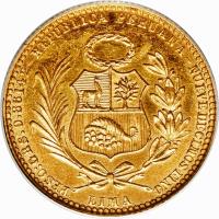obverse of 20 Soles Oro (1950 - 1969) coin with KM# 229 from Peru.