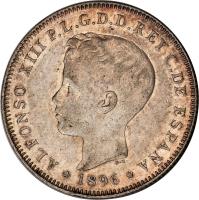 obverse of 40 Centavos - Alfonso XIII (1896) coin with KM# 23 from Puerto Rico. Inscription: ALFONSO XIII P.L.G.D.D. REY C. DE ESPANA B.M. * 1896 *