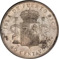 reverse of 40 Centavos - Alfonso XIII (1896) coin with KM# 23 from Puerto Rico. Inscription: ISLA DE PUERTO RICO PLUS	ULTRA P · G · 	40 CENTAVOS	 · V ·