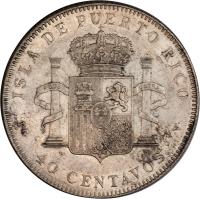 Puerto Rico coin 40 Centavos - Alfonso XIII (1896) reverse reverse of 40 Centavos - Alfonso XIII (1896) coin with KM# 23 from Puerto Rico. Inscription: ISLA DE PUERTO RICO PLUS ULTRA P · G · 40 CENTAVOS · V ·