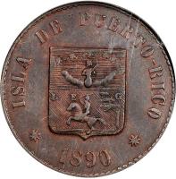 obverse of 10 Centimos (1890) coin with KM# Pn1 from Puerto Rico. Inscription: ISLA DE PUERTO-RICO L E G * 1890 *
