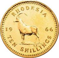 Rhodesia coin 10 Shillings - Elizabeth II - 2'nd Portrait (1966) reverse reverse of 10 Shillings - Elizabeth II - 2'nd Portrait (1966) coin with KM# 5 from Rhodesia. Inscription: RHODESIA 19 66 T.S. TEN SHILLINGS