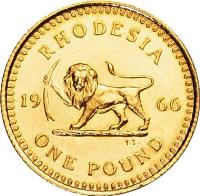 reverse of 1 Pound - Elizabeth II - 2'nd Portrait (1966) coin with KM# 6 from Rhodesia. Inscription: RHODESIA 19 66 T.S. ONE POUND