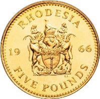 Rhodesia coin 5 Pounds - Elizabeth II - 2'nd Portrait (1966) reverse reverse of 5 Pounds - Elizabeth II - 2'nd Portrait (1966) coin with KM# 7 from Rhodesia. Inscription: RHODESIA 19 66 T.S. FIVE POUNDS