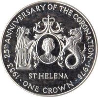 Saint Helena coin 1 Crown - Elizabeth II - Coronation Jubilee - Silver Proof Issue (1978) reverse reverse of 1 Crown - Elizabeth II - Coronation Jubilee - Silver Proof Issue (1978) coin with KM# 7a from Saint Helena. Inscription: 1953 · 25th ANNIVERSARY OF THE CORONATION · 1978 ST HELENA · ONE CROWN ·