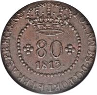 obverse of 80 Réis - João Prince Regent (1813) coin with KM# C1 from São Tomé and Príncipe. Inscription: IOANNES.D.G.PORT.ET.BRAS.P.REGENT 80 1813