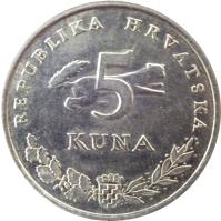 reverse of 5 Kuna - Croatian text (1993 - 2015) coin with KM# 11 from Croatia. Inscription: REPUBLIKA HRVATSKA 5 KUNA
